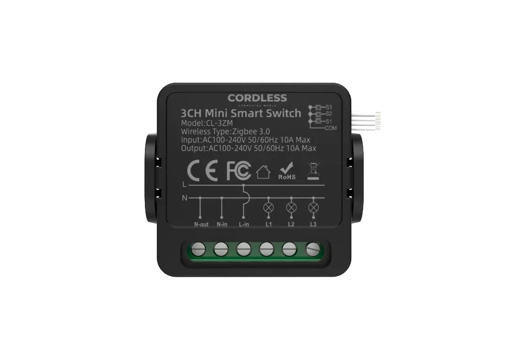 CORDLESS - Zigbee -3CH Mini Smart Switch 10A Max - BLACK